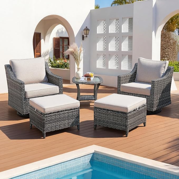 Patio Furniture Set 5 Pieces Luxury Outdoor Swivel Rocker Chairs and Ottomans, Easy Assembly Conversation Set for Porch Deck Balcony Yard in Gray Wicker and Beige Cushions