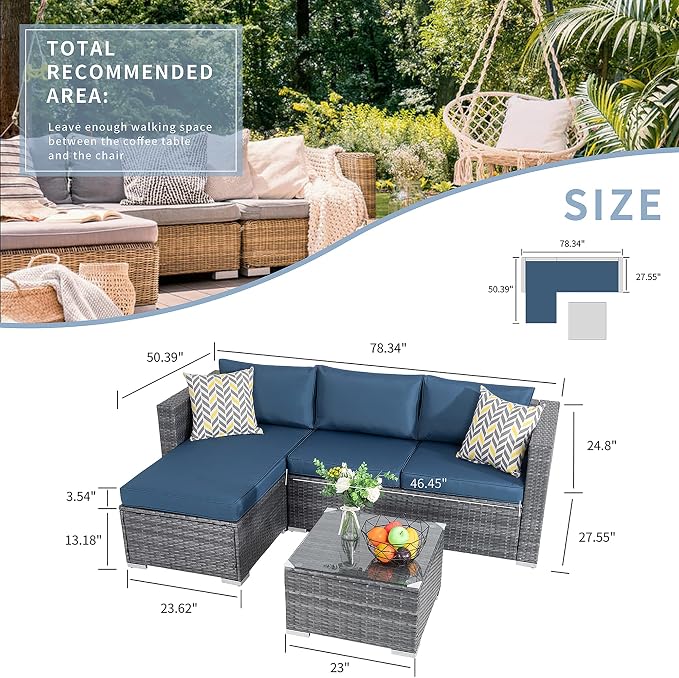 SUNLEI 3-Piece Patio Sectional Sofa, Patio Furniture Set with Cushions, All Weather Outdoor PE Wicker Patio Conversation Sofa Set with Glass Coffee Table & Ottoman, Silver Rattan/Aegean Blue