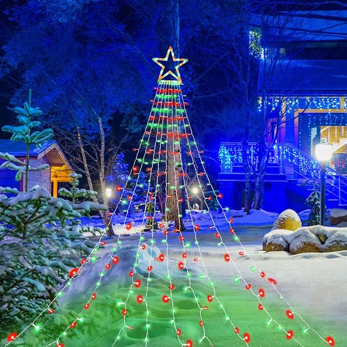 Christmas Lights Outdoor, 320 LED 8 Light Modes Outdoor Christmas Decorations, Plug-in Waterproof Christmas String Lights for Yard, Garden, Party, Holiday, Xmas Decor - Red & Green