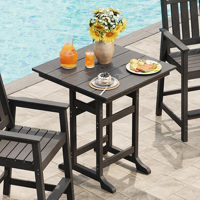Takywep 31.5" Square HDPE Wood Grain Outdoor Bar Table, 39.6" High Weatherproof Pub Table for Patio and Poolside, Tall Bistro Table with 300 Lb Weight Capacity and Umbrella Hole, Dark Grey
