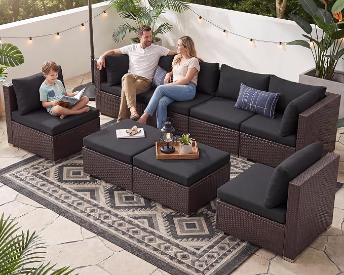 NICESOUL 8 Seater Modern Backyard Furniture Set, 29.3'' High Back Luxury Comfy Brown Wicker Patio Conversation Set with Ottoman, Deep and Wide Sofa Sectional for Exteriors, Dark Brown & Grey