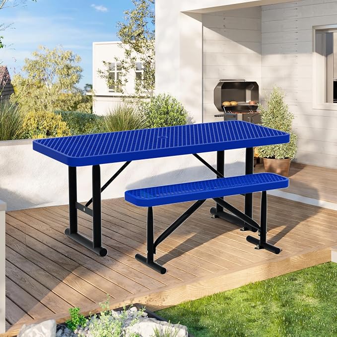 6FT Picnic Tables for Outdoors,Blue Rectangular Heavy Duty Commercial Picnic Table with Umbrella Hole,Weather-Resistant Camping Table Dining Table for Backyard, Patio, Garden, Shops, Parks
