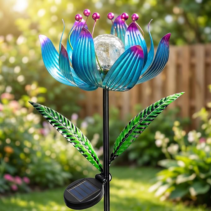 Solar Wind Spinner Outdoor Metal - Kinetic Lotus Flower Garden Sculptures & Spinners with Crackle Glass Lighting, 360° Spinning Yard Art Decor for Patio, Lawn, Pathway, Gifts for Women