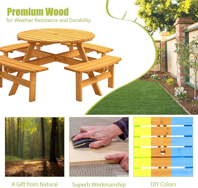 Thanaddo 8-Person Outdoor Circular Wooden Picnic Table, Camping Dining Table w/ 4 Built-in Benches, Outside Table Set with Umbrella Hole, 2220lb Capacity for Garden Patio Backyard - Natural