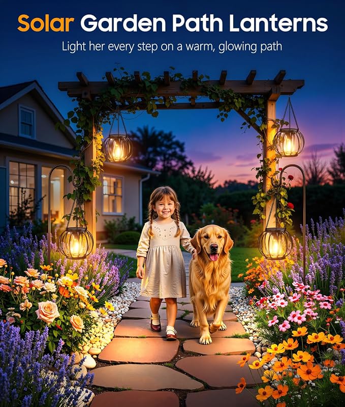 KOOPER Solar Lanterns Outdoor Waterproof, 4 Pack Upgraded Metal Hanging Solar Lights Outdoor Lanterns, Brighter Auto On/Off Outdoor Hanging Lantern for Yard Patio Pathway Porch Garden Decor