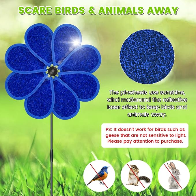 4PCS 11.4" W x 28" H Reflective Pinwheels Sparkly Lawn Wind Spinners Colorful Rainbow Windmill for Garden Decoration Bird Devices Deterrent to Scare Birds Away（Blue）