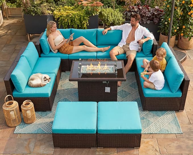 BULEXYARD 11 Piece High Back Outdoor Furniture Set with Firepit, Cozy Patio Conversation Set with Ottoman Modular, Extra Wide Deep 10-Seats Sectional Couch Sofa for Yard, Brown Rattan & Teal Cushion