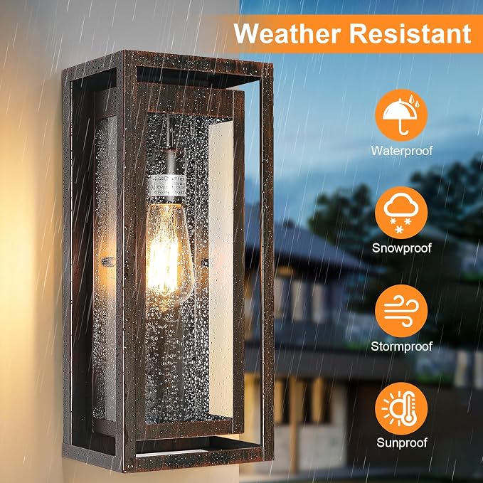 15" Large Outdoor Light Fixture Wall Mount, Distressed Brown Outdoor Sconce Lights, Modern Waterproof Exterior Porch Lights with Clear Glass Shade for Front Door, Garage, 1 Pack