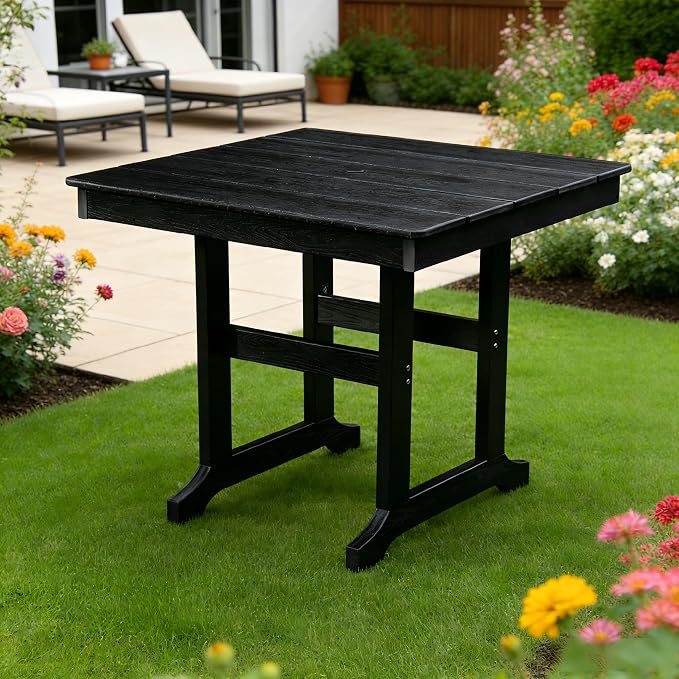 HDPE Patio Dining Table for Backyard BBQ and Pool Parties: Umbrella Hole, Supports 220 lbs, Weather Resistant - 35.43'' Round