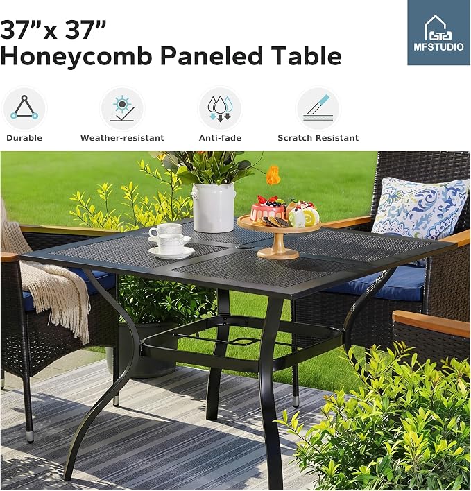 MFSTUDIO 37" x 37" Square Outdoor Dining Table Patio Bistro Table Powder-Coated Steel Frame Top Umbrella Stand Deck Outdoor Furniture Garden Table, Black