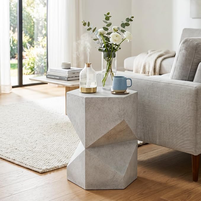 SUNBURY Outdoor Side Table, 18" Hexagon End Table Gloss Finish w Geometric Pedestal, Patio Concrete Accent Table Modular Design Decor, Lightweight Garden Stools for Balcony, Porch, Living Room, Grey