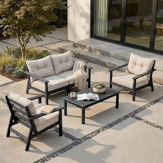 HDPE Patio Conversation Set 4 Seats, Outdoor Furniture Set, Patio Sofa Set | Water-Resistant Thick Cushion, HDPE All Weather, Wood-Grain, No Rot or Rust or Crack, UV Fade Shield, Easy-Clean for Outside
