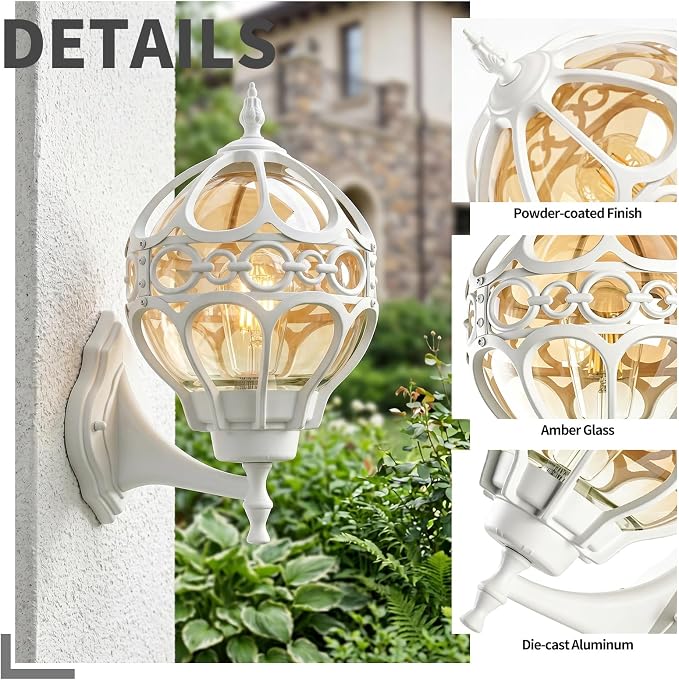 White Globe Outdoor Wall Lights, Round Exterior Wall Sconce for Patio, Porch, Entryway, Anti-Rust Aluminum Wall Mount Lighting Fixture, Outside Wall Lantern with Amber Glass & Ornate Cage, E26 Base