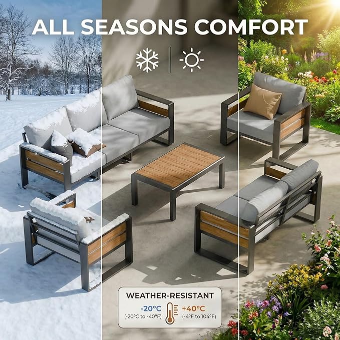 ZANDOR Aluminum Outdoor Patio Furniture Set with Table,5 Seat, Grey | Rustproof,High weight capacity,Water-repellent,Washable Cover,All-Weather Resistant,Easy clean,for Poolside Backyard Deck