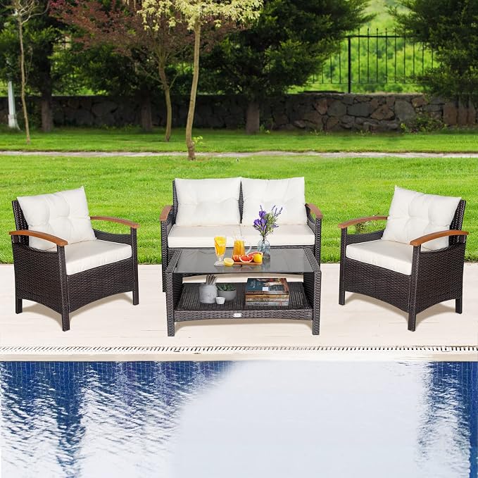 HAPPYGRILL 4 Piece Patio Conversation Set Rattan Sectional Sofa Set with Soft Cushions and Coffee Table, Outdoor Wicker Furniture Set with Acacia Wood Armrests, Perfect for Poolside, Garden, Backyard