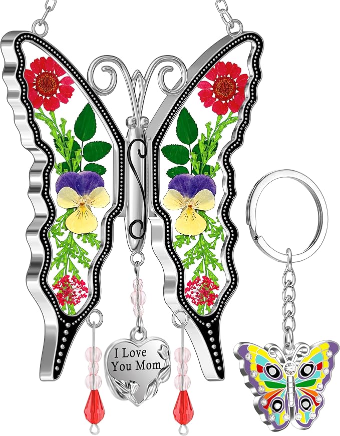 KY&BOSAM Butterfly Pressed Flowers Suncatcher Stained Glass Window Hanging | I Love You Mom Charm Sun Catchers Wind Chimes Ornament,Metal & Dried Flowers,Mothers Day Gifts for Mom Birthday Christmas