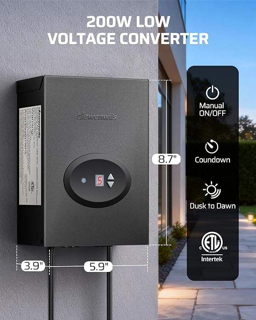 DEWENWILS 200W Low Voltage Landscape Transformer, Outdoor Weatherproof Transformer with Timer and Photocell Sensor, 120V AC to 12V AC for Landscape Lighting, LED Path Lights, Spotlights,ETL Listed