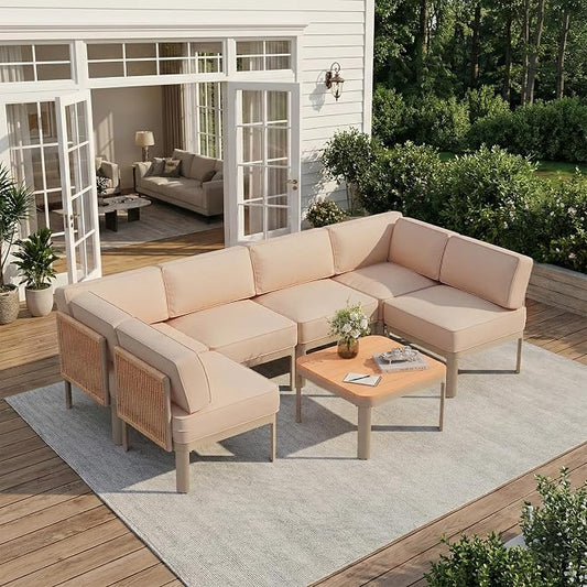 EROMMY 7 Pieces Patio Sectional Furniture Set, Metal Frame Outdoor Conversation Set with 6" Thick Cushions & Coffee Table, All-Weather U-Shape Sectional Sofa for Poolside, Deck, Backyard, Beige
