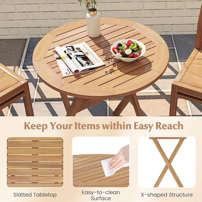 Tangkula 26-Inch Acacia Wood Outdoor Dining Table Set of 2, Folding Patio Round Dining Table with Slatted Tabletop & X-Shaped Frame, for Porch, Garden, Backyard, Poolside (2)