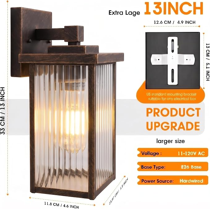 13" Black Brush Gold Outdoor Wall Light, All-Metal Frame Porch Light | Textured Glass Softens Glare, Stays Bright. Dual-Tone Rust-Resistant Metal. Pre-Assembled DIY Install. For Porch, Garage