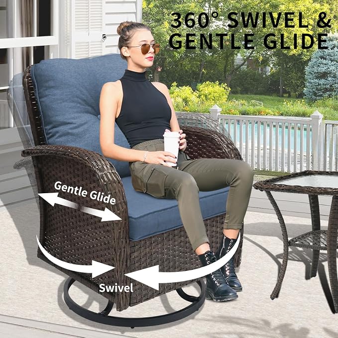 YLGJ&TIDY Outdoor Furniture Swivel Rocker Chairs 3PC Bistro Set 2 Brown Wicker Patio Glider Armchairs with Side Table Cushions Rocking Sofa for Porch Balcony Backyard Deck (Blue, 3PCS Swivel/Table)