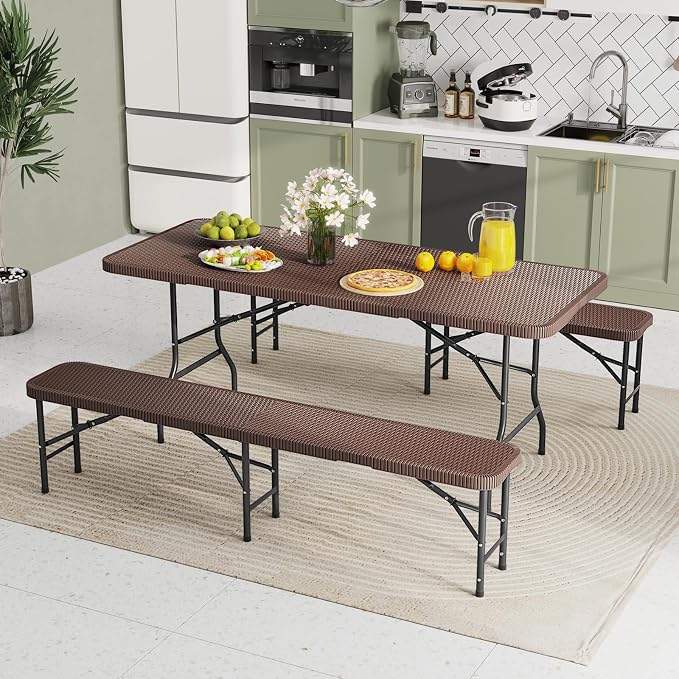 Goplus 6 FT 3-Piece Portable Picnic Table Bench Set, HDPE Rattan-Like Plastic Folding Picnic Tables with Benches, Foldable Patio Camping Beer Table, Indoor & Outdoor Folding Table and Chairs