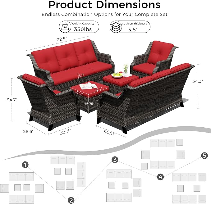 Outdoor Patio Furniture Set, 6 Piece Wicker Patio Furniture with Thick Cushions, Curved Armrest, Deep Seating, Rattan Outdoor Chairs for Porch, Deck, Balcony