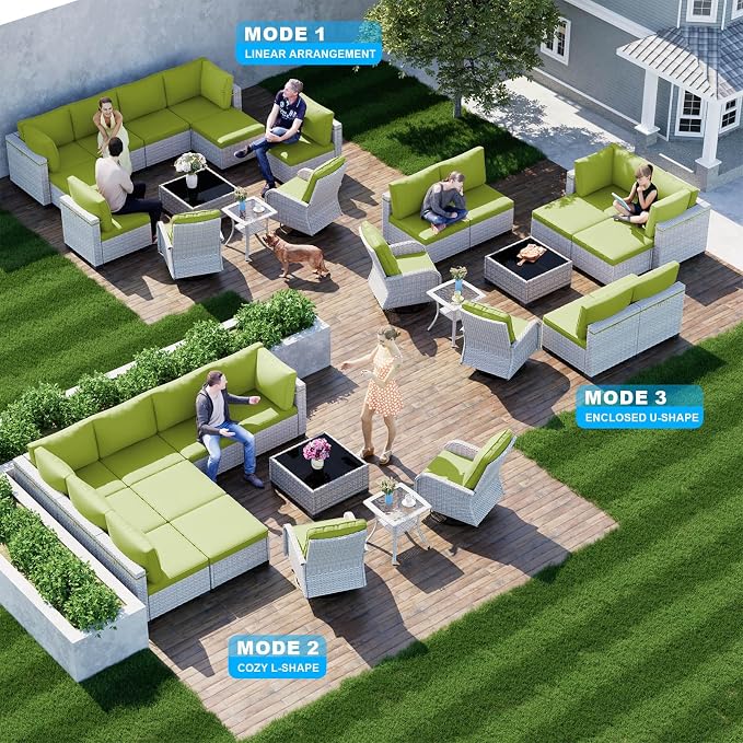 12-Piece Patio Furniture Set, Outdoor Patio Furniture with Swivel Chairs Set, Ottomans, Modular Patio Sofa, Dual-Strand Rattan, Rust-Resistant Frame, Grass Green