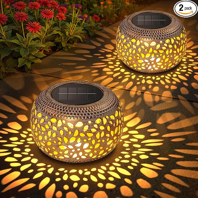 Solar Lanterns Outdoor Waterproof, Hollow Out Solar Table Lamp Patio Decor | 2 Lighting Modes Retro Metal Solar Lights for Outside Garden Yard Porch Deck Floor Indoor Tabletop Desk Decoration Gifts