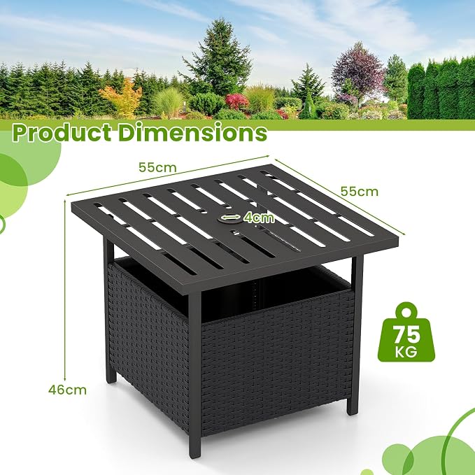 Patio Side Table with Umbrella Hole, 22" Rattan Wicker Umbrella Stand Table, Outdoor End Table for Patio, Garden, Poolside & Yard (Black)