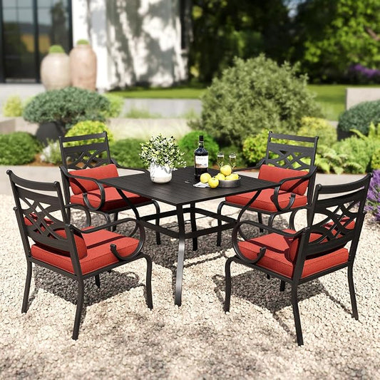 PHI VILLA Patio Dining Set, 37" Square Metal Table | Metal chairs, Red, Umbrella Hole, Cushions, E-coated