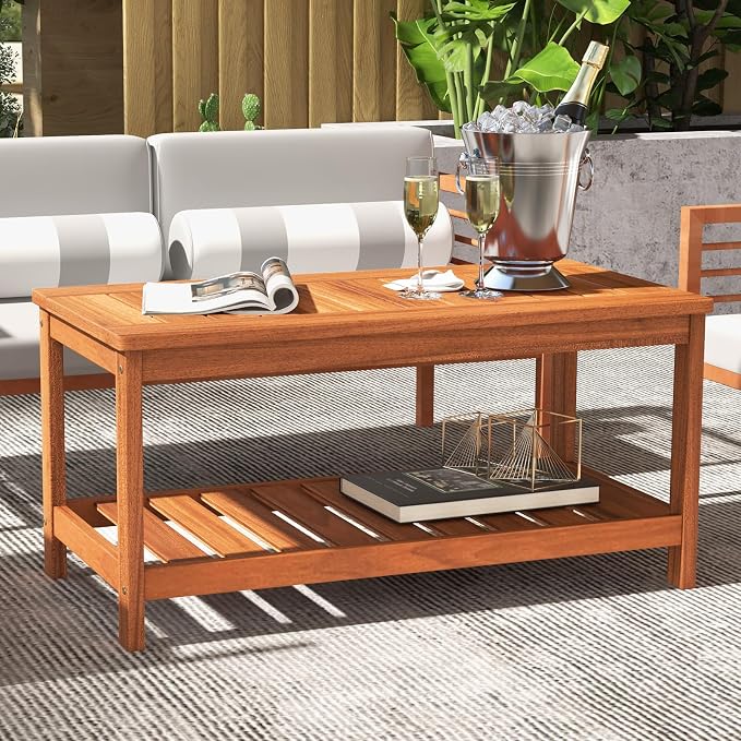 HAPPYGRILL Patio Coffee Table, Double-Tier Side Table with Solid Wood Structure, Slatted Tabletop & Shelf, Outdoor 2-Layer Rectangle Coffee Table for Backyard Porch Balcony