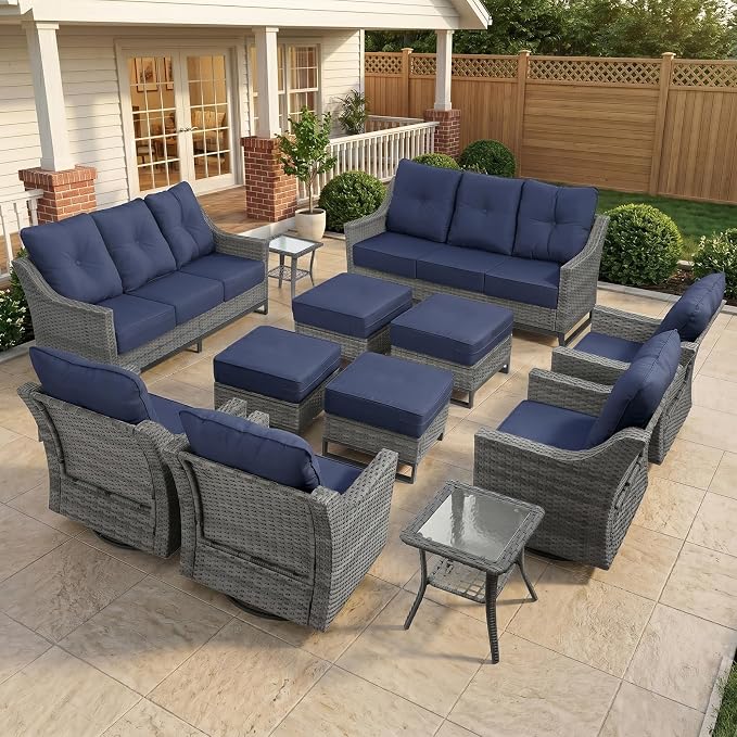 12 Piece Patio Furniture Set, 360°Swivel Glider Patio Chairs Set of 4, Outdoor 4 Ottomans,2 Sofas, 2 Side Tables Comfortable Seating with 6 Inch Thick Cushions, All-Weather Wicker Outdoor Patio Set