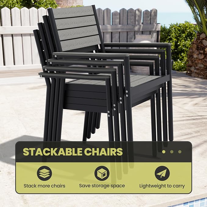9-Piece Outdoor Dining Set, 83" Rectangular Table and Stackable Armchairs | Aluminum Frame Umbrella Hole and Arm All-Weather Wood Grain Patio Furniture for 8 for Garden, Patio, Backyard (Grey)