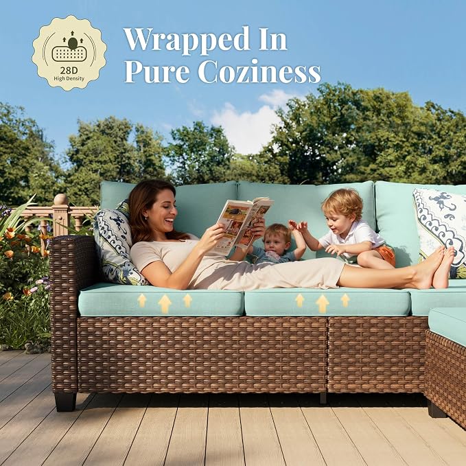 MIXPATIO Patio Furniture Set, 6 Pcs Wicker Rattan Outdoor Conversation Set, 2 x Leg Chairs, 1 x 3 Seater Sofa and 2 x Ottoman with 4" Thick Cushion and 56" Fire Pit Table, Blue