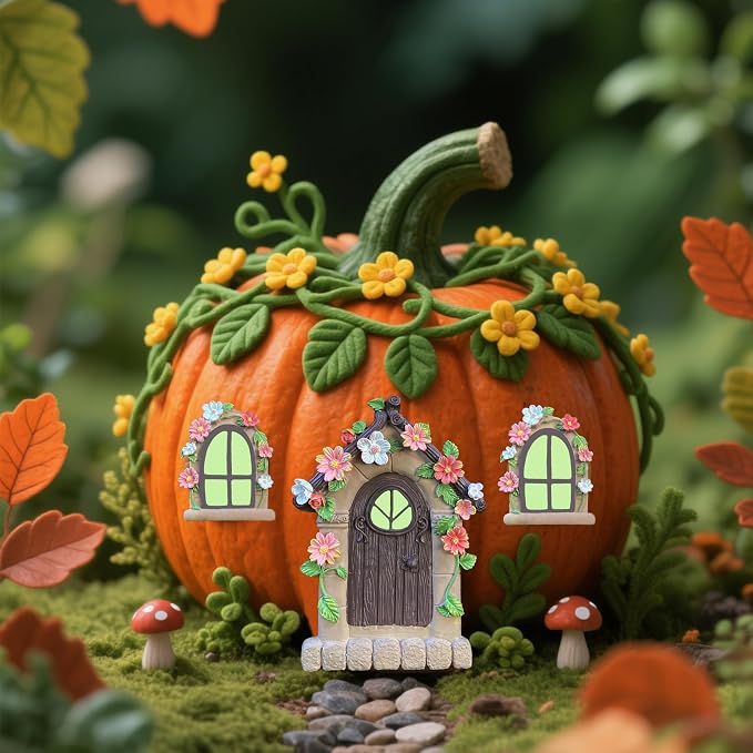 FESTGLOX Fairy Garden Door and Windows for Trees Outdoor, Glow in The Dark | Fairy Garden Door House Kit Miniature Accessories for Tree Trunk, Gnome, Outdoor Yard, Stump, Lawn
