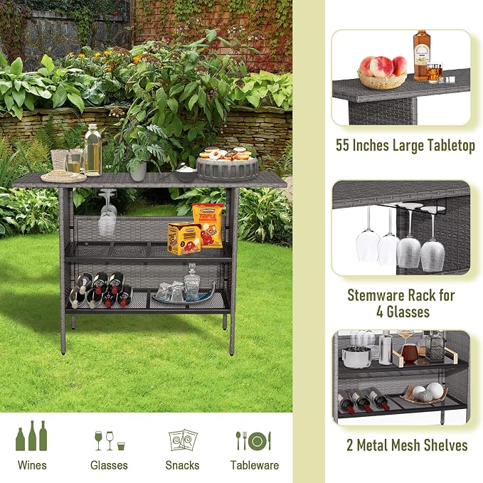 Giantex Outdoor Patio Wicker Bar Table, 2 Storage Shelves, 55''W Tabletop, Rails for Hanging Wine Glasses, Heavy-Duty Metal Frame, Bistro Rattan Bar Counter Table for Poolside Backyard (Mix Gray)