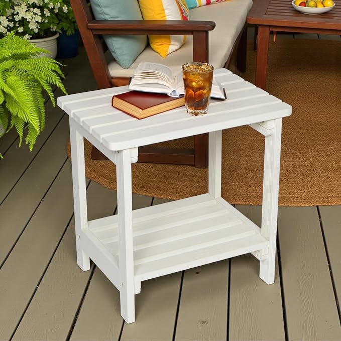 Shine Company Providence Rectangular Solid Wood Side Table, Outdoor Adirondack Patio Table, Eggshell White