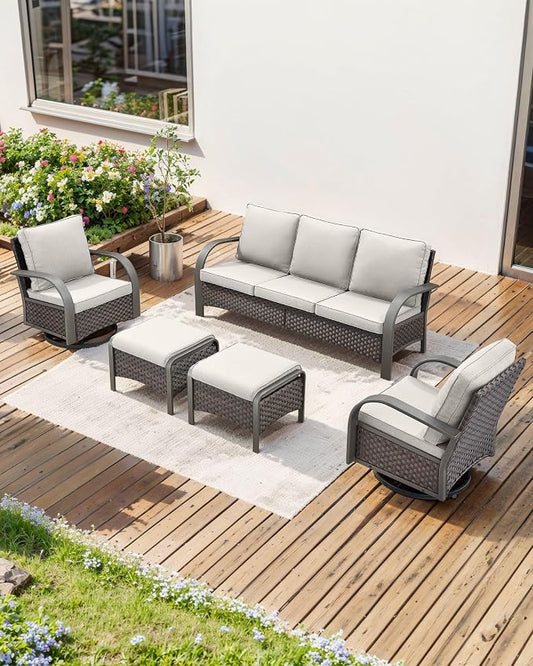 HUMMUH Outdoor Patio Furniture Sets-Wicker Patio Furniture Couch and Swivel Rocker Chairs Conversation Set for Deck Porch Garden Poolside Backyard-Brown/Beige