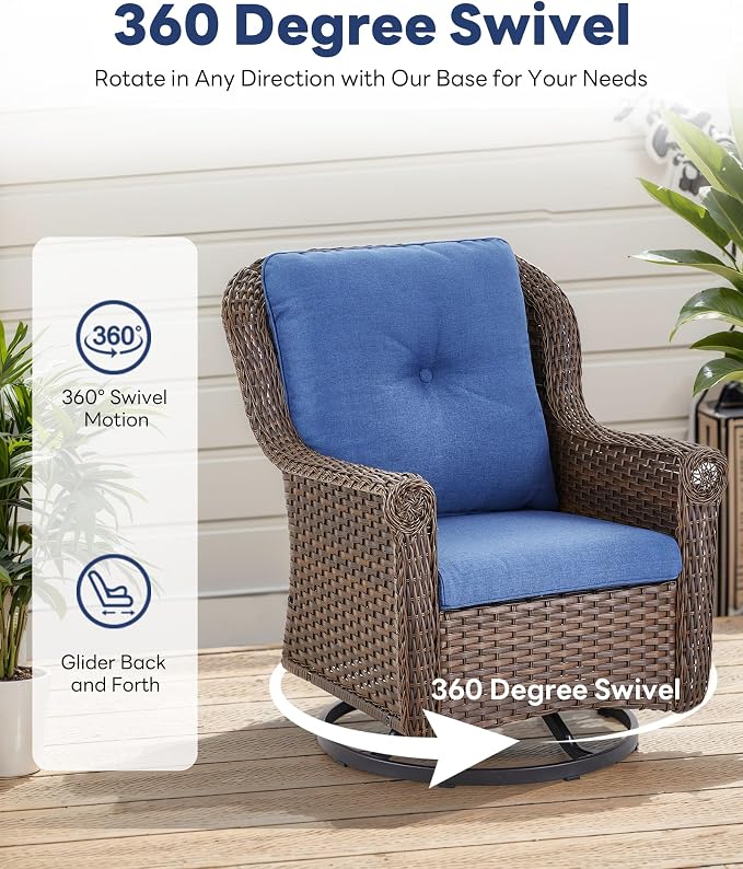 6 Pieces Wicker Patio Conversation Sets-Swivel Patio Chairs with Outdoor Sofa Outdoor Patio Furniture Set for Patio Deck Porch Garden Backyard-Brown/Blue