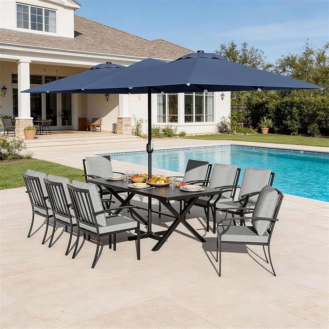 10 Piece Outdoor Dining Set for 8, Patio Table and Chairs Set with Umbrella, Metal Patio Furniture Set with 8 Stackable Chairs, Outdoor Table and Chairs with Cushions for Lawn, Garden, Yard-Grey