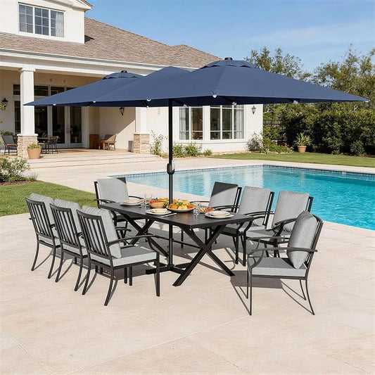 10 Piece Outdoor Dining Set for 8, Patio Table and Chairs Set with Umbrella, Metal Patio Furniture Set with 8 Stackable Chairs, Outdoor Table and Chairs with Cushions for Lawn, Garden, Yard-Grey