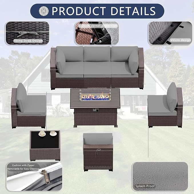 Outdoor Patio Furniture Set, 10 Pieces Outdoor Sectional Furniture with Fire Pit Table, All-Weather PE Rattan Patio Conversation Set with Two Ottomans, Coffee Table for Garden, Deck (Grey)