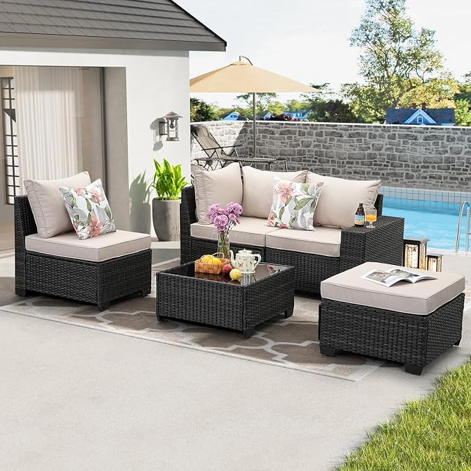 5 Pieces Outdoor Patio Furniture Set, Wicker Conversation Sets with Tea Table, Rattan Patio Sofa with Thick Cushions for Garden, Backyard, Poolside, Party, Beige