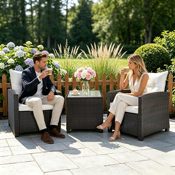 SHGJ&SOFT 3 Pieces Patio Furniture Set, Outdoor Conversation Set with Cushions, PE Rattan Wicker Bistro Set and Tempered Glass Tabletop, Outdoor Rattan Sofa for Poolside,Porch,Balcony (White)