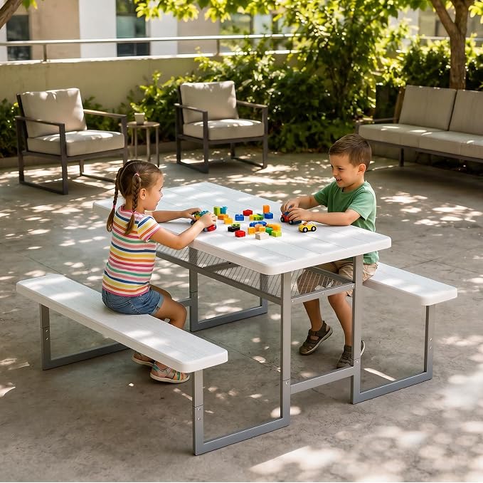VINGLI Outdoor Picnic Table with Storage Shelf & Umbrella Hole, 4.5FT All Weather Metal Frame HDPE Tabletop Plastic Picnic Table for Dining Party Garden(White)