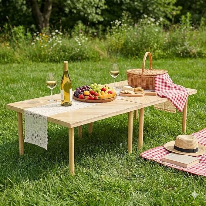 Folding Picnic Table, Pine Wood Festive Gift, 60" x 30", Large Portable Design, for Indoor and Outdoor, Camping, Garden, Party, Beach, Wedding, with Boho Crochet Table Runner