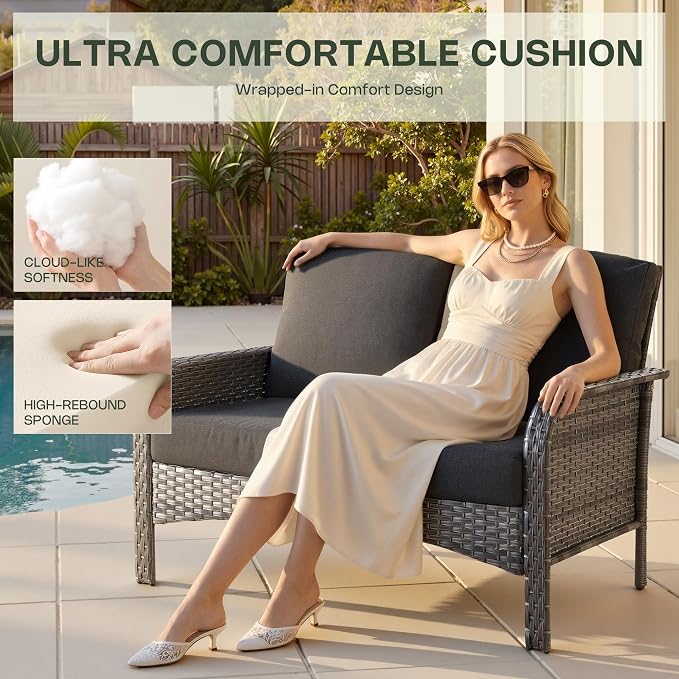 8-Piece Patio Furniture Set, Outdoor Wicker Furniture with Coffee Table, High Back Swivel Rocker Patio Chairs, Modern Rattan Outdoor Chairs Conversation Set for Porch, Balcony, Garden, Black