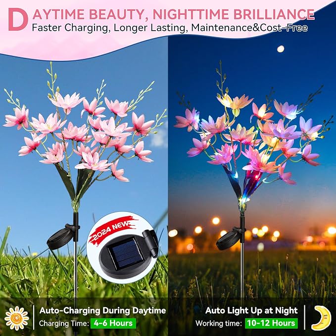 Neporal Solar Flowers Outdoor Waterproof IP65, 5-Head Snow Lotus with 20+ Flowers, 4-Color Light & 2 Lighting Modes, Decorative Solar Lights Outdoor Garden, Yard, Pathway, Flower Bed (6-Pack, Pink)