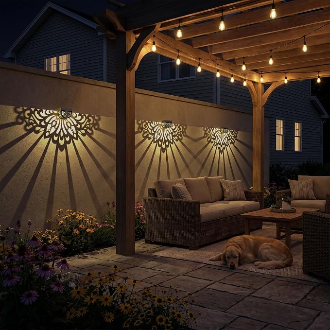 4 Pack Solar Fence Lights Outdoor Wall Lights Plastic Solar Powered Deck Step Stair Lights Mandala Theme Waterproof Fence Solar Light for Garden Post Patio Yard Decor, Gardening Gifts for Women Mom